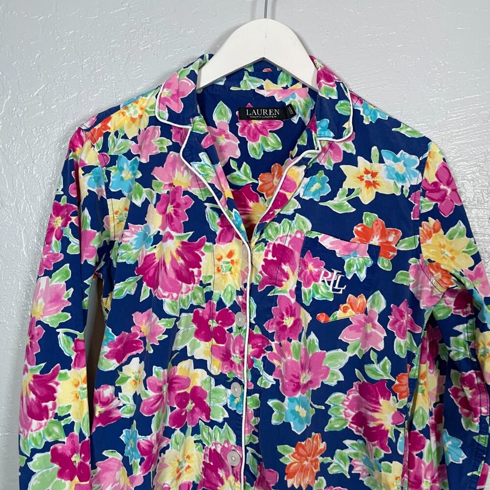 Lauren Ralph Lauren Women S Pink Blue Floral Pajama Set Cotton Button Front - Picture 4 of 13